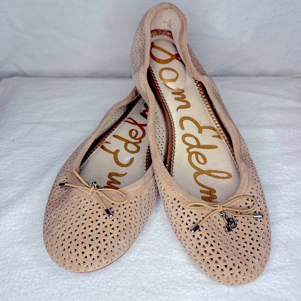 Sam Edelman Felicia Perforated Oatmeal/camel Suede Leather Ballet